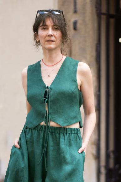 LNIANA KAMIZELKA WIĄZANA - BUTELKOWA ZIELEŃ