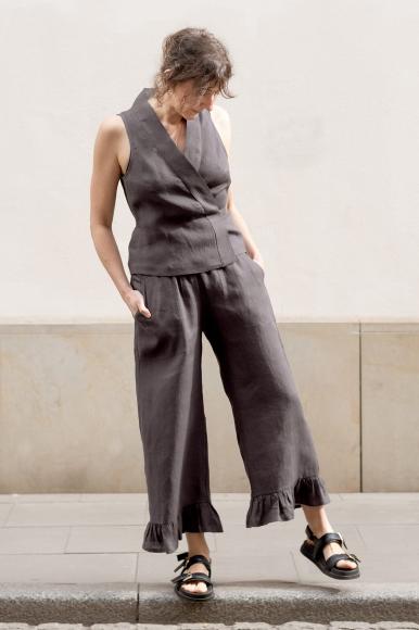 LNIANE SPODNIE  Z FALBANKAMI -SZARY