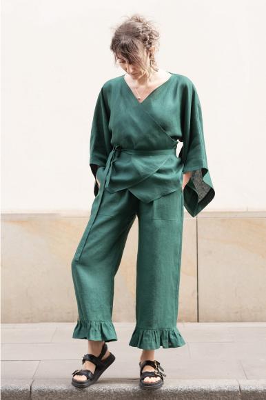 LNIANE SPODNIE Z FALBANKĄ -  BUTELKOWA ZIELEŃ