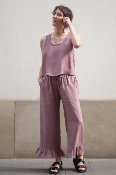 LNIANE SPODNIE  Z FALBANKĄ : PUDROWY RÓŻ