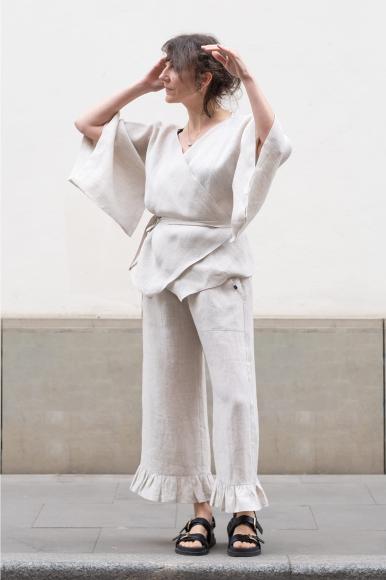 LNIANE SPODNIE Z FALBANKĄ  - OATMEAL